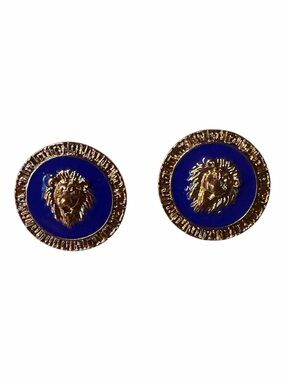 Gold Lion Medallion Earrings with Royal Blue Enamel Studs
